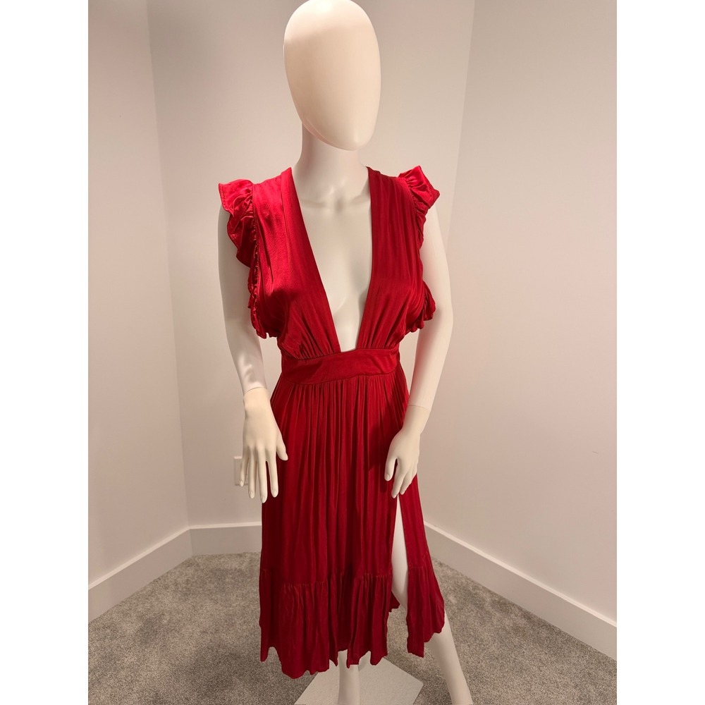 Red Deep V-Neck Ruffle Shoulder Open Back Pleated Midi Dress with Side Slit
